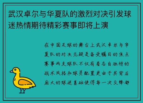 武汉卓尔与华夏队的激烈对决引发球迷热情期待精彩赛事即将上演