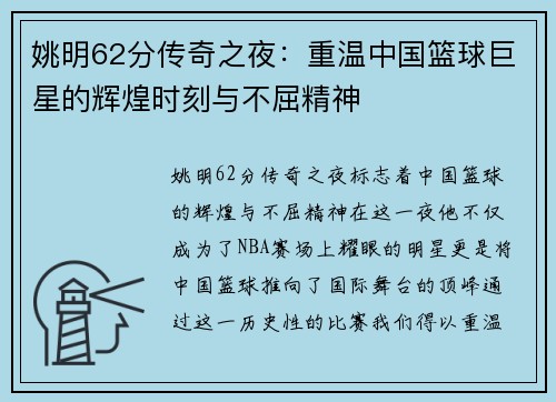 姚明62分传奇之夜：重温中国篮球巨星的辉煌时刻与不屈精神